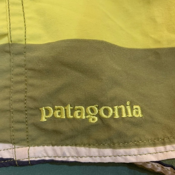 Patagonia Men's Wavefarer Broad Striped Swim Shorts - Green and Yellow - Picture 8 of 8